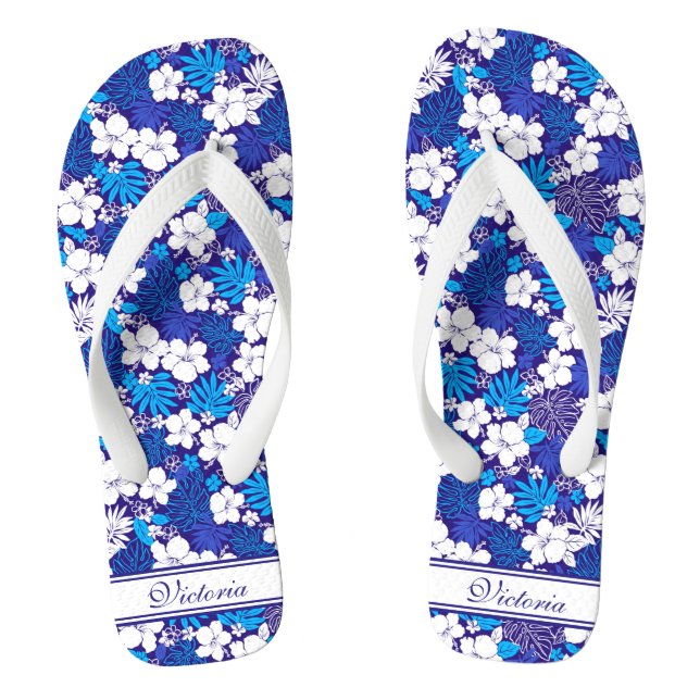 Blue and White Flora Pattern Add Name Personalised Thongs (Footbed)