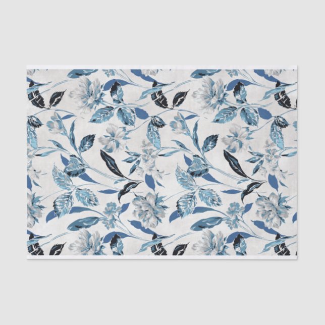 Blue and White Floral Abstract Pattern Tissue Paper (Front)