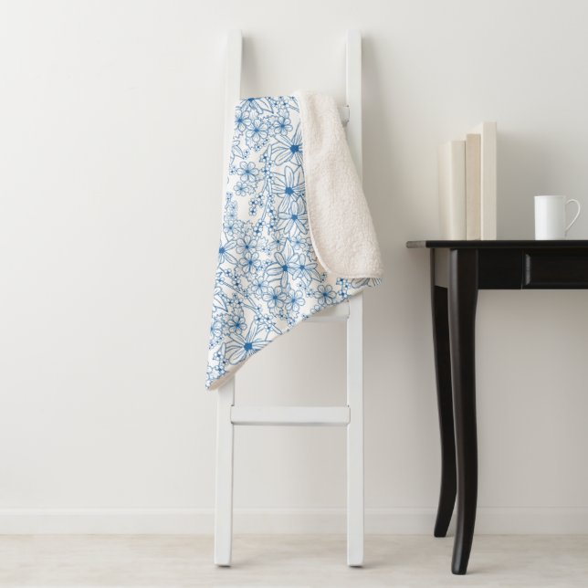 Blue and White Floral Aesthetic Sherpa Blanket (In Situ)