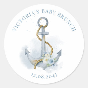 Blue and White Floral Anchor Nautical Baby Brunch Classic Round Sticker