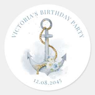 Blue and White Floral Anchor Nautical Birthday Classic Round Sticker