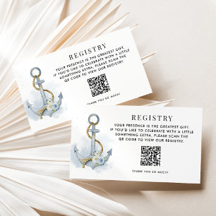 Blue and White Floral Anchor QR Code Registry Enclosure Card