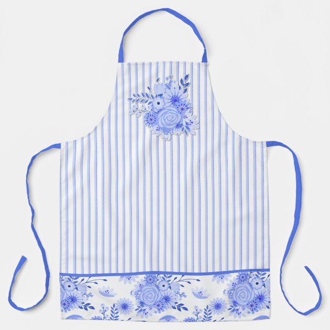 Blue and White Floral and Stripes Apron (Front)