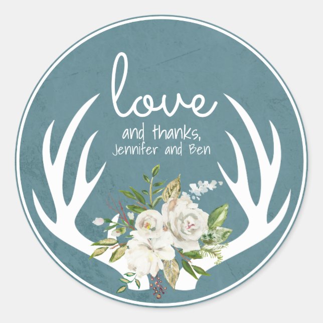 Blue and White Floral Boho Antlers Thank You Classic Round Sticker (Front)