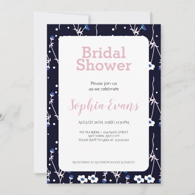 Blue and White Floral Border White Bridal Shower Invitation (Front)