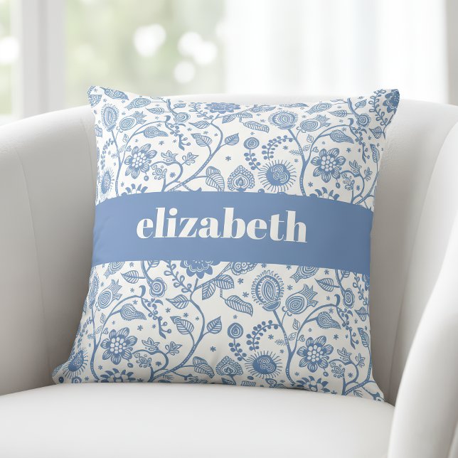 Blue and White Floral Botanical Custom Name Modern Cushion (Creator Uploaded)