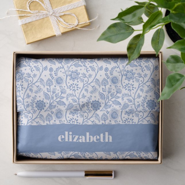 Blue and White Floral Botanical Custom Name Modern Tissue Paper (Gift)