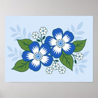 Blue and White Floral Botanical Illustration Poster