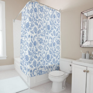 Blue and White Floral Botanical Pattern Whimsical Shower Curtain