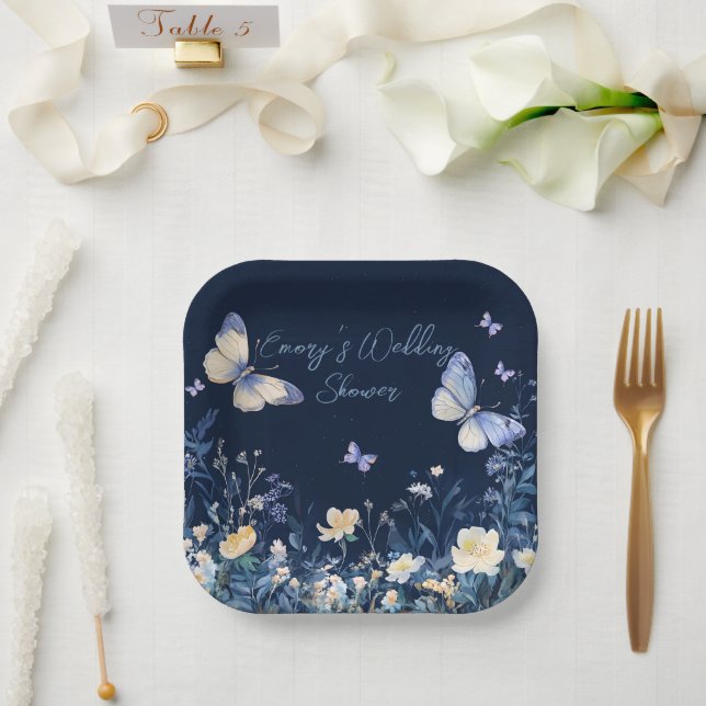 Blue and White Floral  Butterflies Wedding Shower Paper Plate (Wedding)