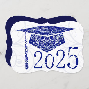Blue and White Floral Cap 2025 Graduation Party Invitation