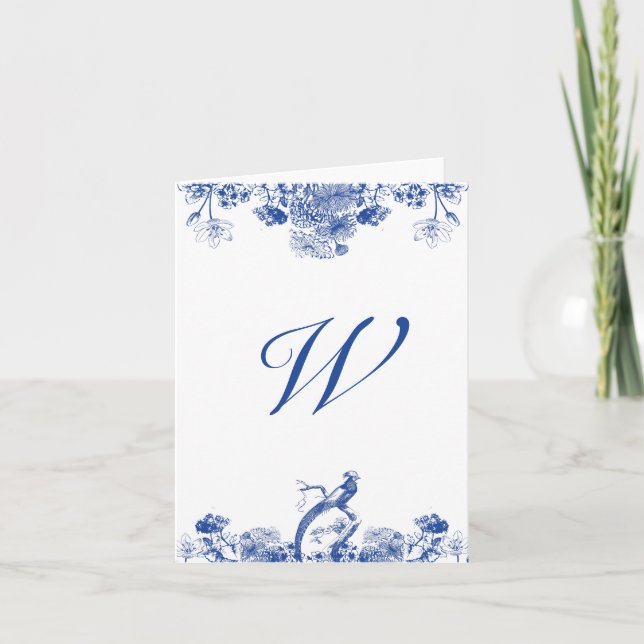 Blue and White Floral China Pattern Monogrammed Card (Front)