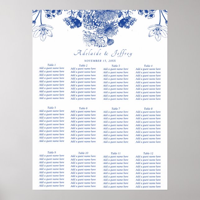 Blue and White Floral China Pattern Seating Chart (Front)