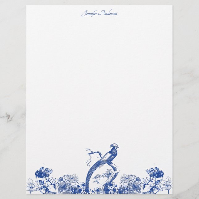 Blue and White Floral China Pattern with Bird Custom Letterhead (Front)