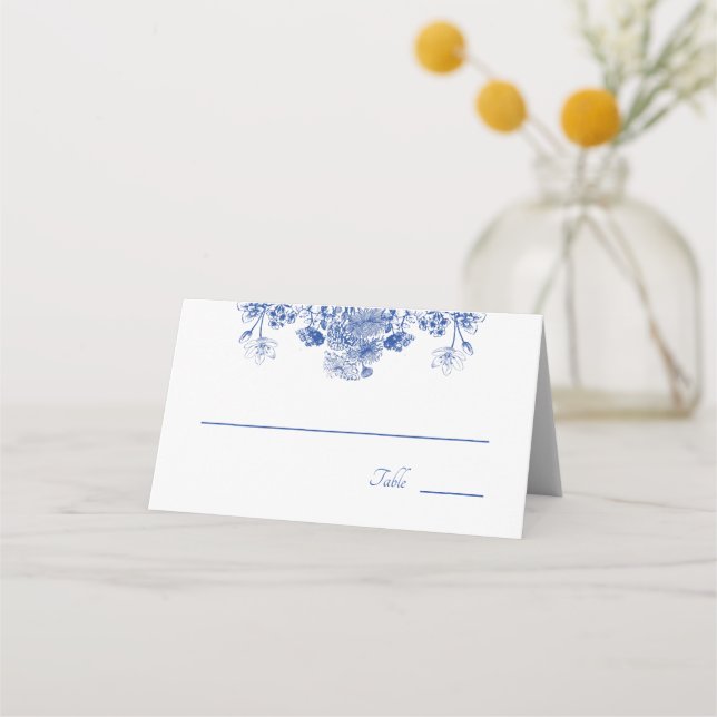 Blue and White Floral China Pattern with Bird Place Card (Front)