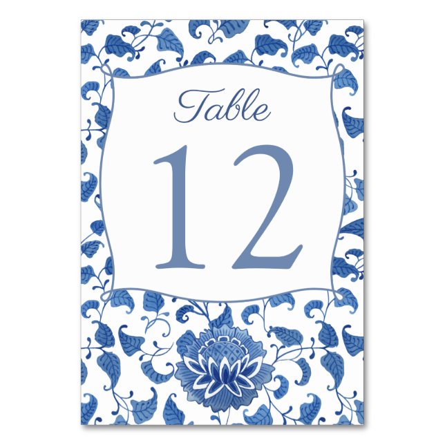 Blue And White Floral China Print Wedding Shower Table Number (Front)