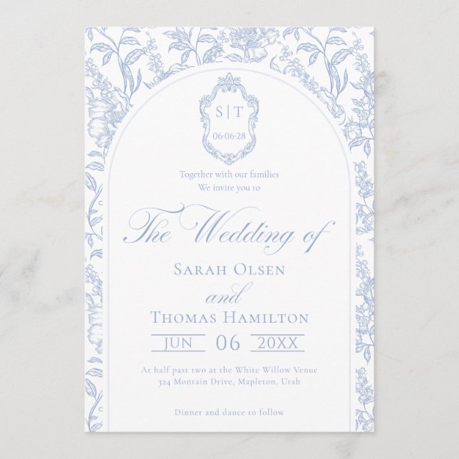 Blue and White Floral Chinoiserie Monogram Wedding Invitation (Front)