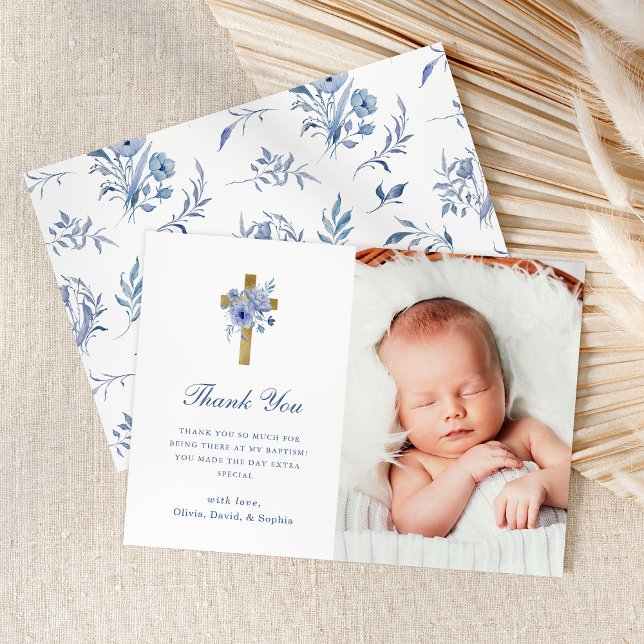Blue and White Floral Chinoiserie | Photo Baptism Thank You Card (Creator Uploaded)