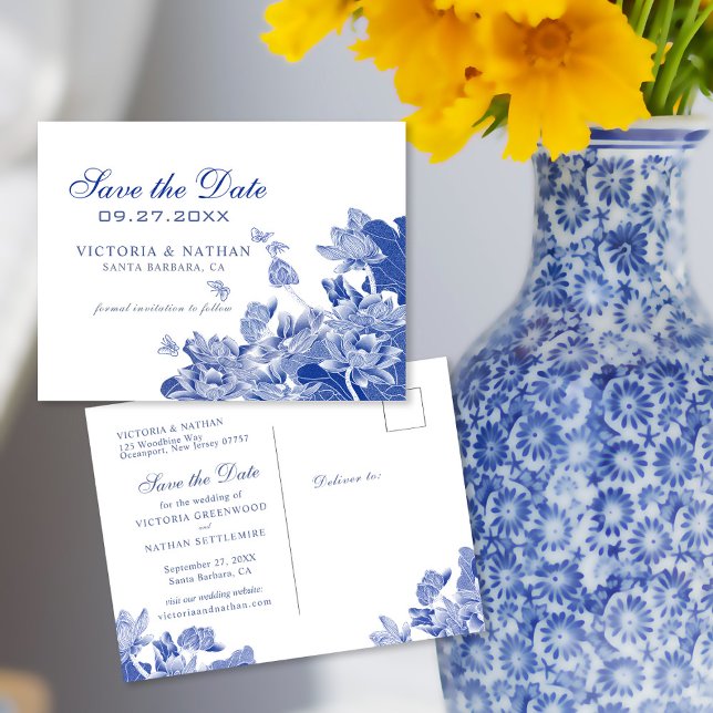 Blue and White Floral Chinoiserie Save the Date  P Postcard (Creator Uploaded)