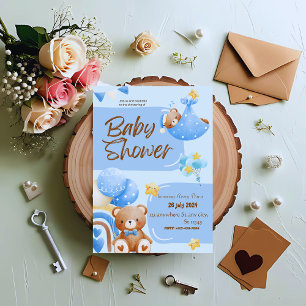 Blue and White Floral Christening Invitation