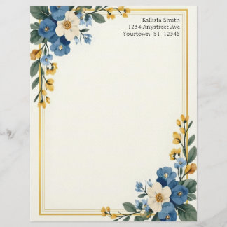 Blue and White Floral Corners Stationery Paper Custom Letterhead