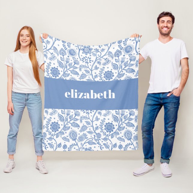 Blue and White Floral Custom Name Botanical Modern Fleece Blanket (In Situ)
