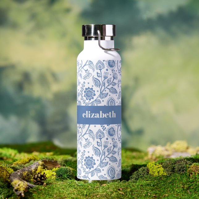 Blue and White Floral Custom Name Botanical Modern Water Bottle (Outdoor (Rotated))
