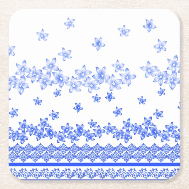 Blue and White floral design, Square Paper Coaster (Front)