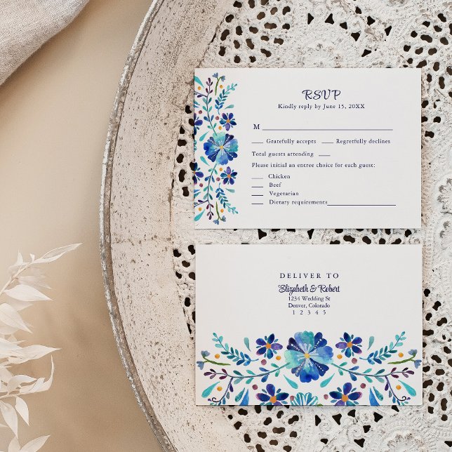 Blue and White Floral Fiesta Wedding RSVP Card (Blue and White Floral Fiesta Wedding RSVP Card on a neutral boho wedding table.)