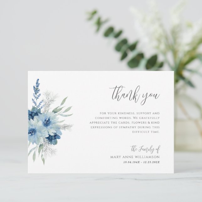 Blue and white floral funeral thank you cards (Standing Front)
