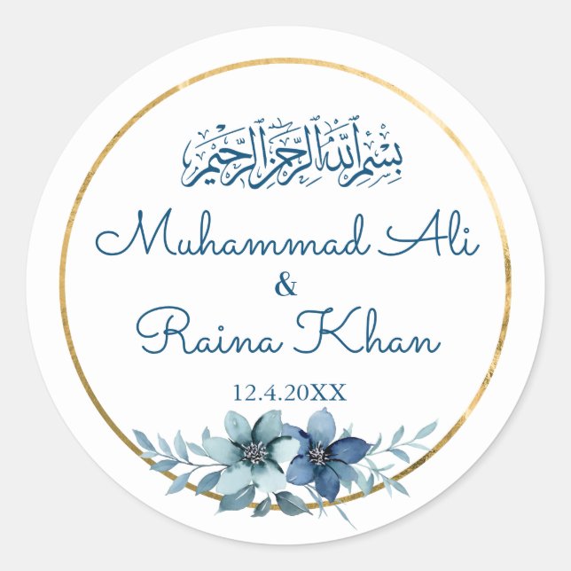 Blue and White Floral Gold Islamic Muslim Wedding Classic Round Sticker (Front)
