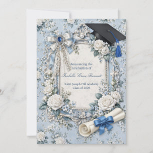 Blue and White Floral Graduation Announcement Card