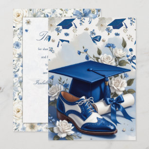 Blue and White Floral Graduation Thank You Note Card