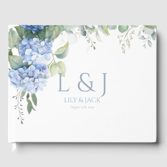 Blue and White Floral Hydrangea Wedding Guestbook (Front)