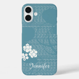 Blue and White Floral Minimalist, Name, Girly iPhone 16 Plus Case