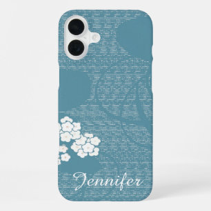 Blue and White Floral Minimalist, Name, Girly iPhone 16 Plus Case