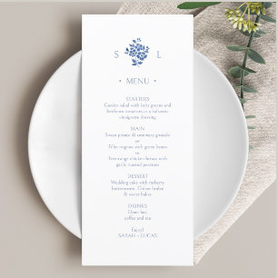 Blue and White   Floral Monogram Flat Wedding Menu