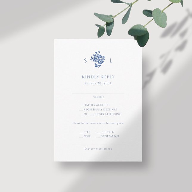 Blue and White Floral Monogram Wedding RSVP Enclosure Card (Creator Uploaded)