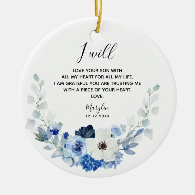 Blue and White Floral Mother of the Groom Ceramic Ornament (Front)