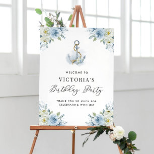 Blue and White Floral Nautical Birthday Welcome Poster