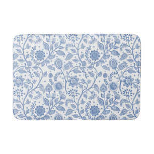 Blue and White Floral Pattern Botanical Whimsical Bath Mat