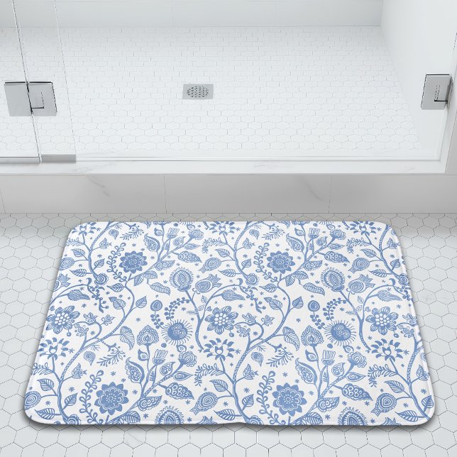 Blue and White Floral Pattern Botanical Whimsical Bath Mat (Creator Uploaded)
