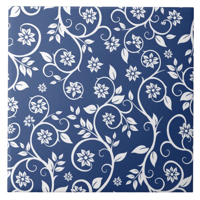 blue and white floral pattern  ceramic tile (Front)