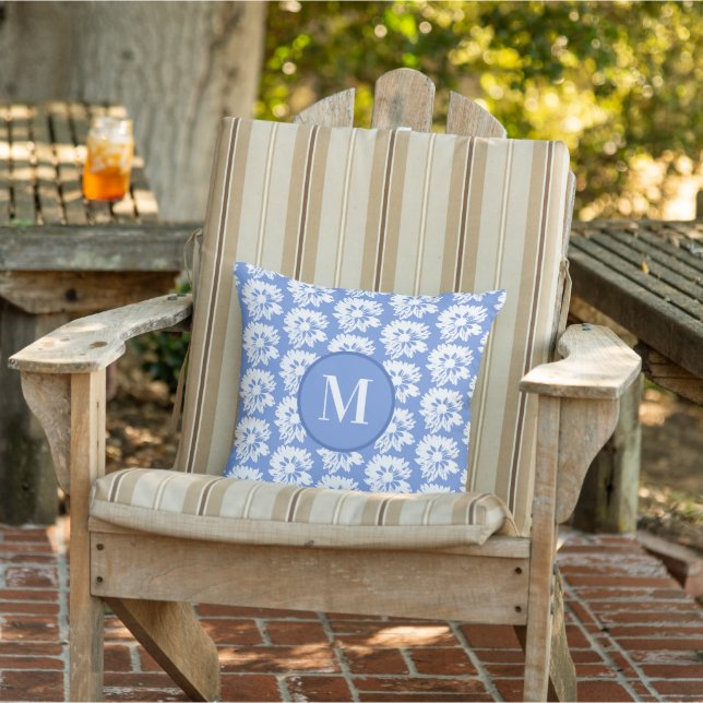 Blue and White Floral Pattern Summer Monogram Cushion (Chair)