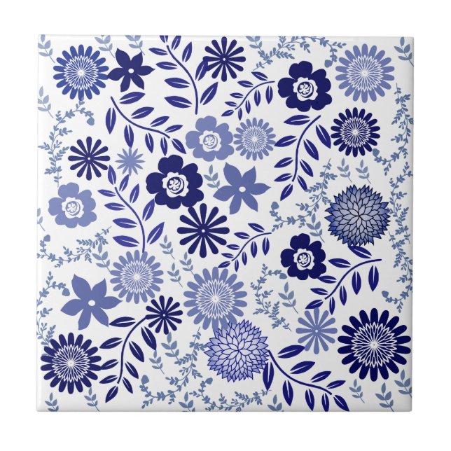 Blue and White Floral Pattern Tile (Front)