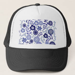 Blue and White Floral Pattern Trucker Hat
