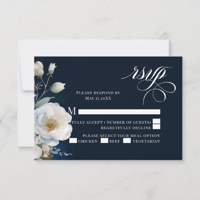 Blue and White Floral Peony Wedding Design RSVP Card (Front)