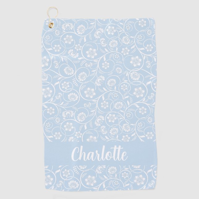 Blue And White Floral Personalised Name Women Golf Towel (Front)