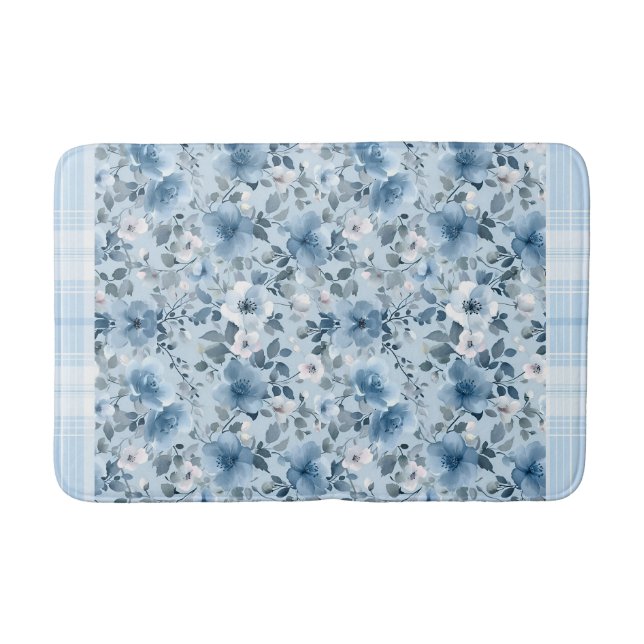Blue and White Floral Plaid  Bath Mat (Front)