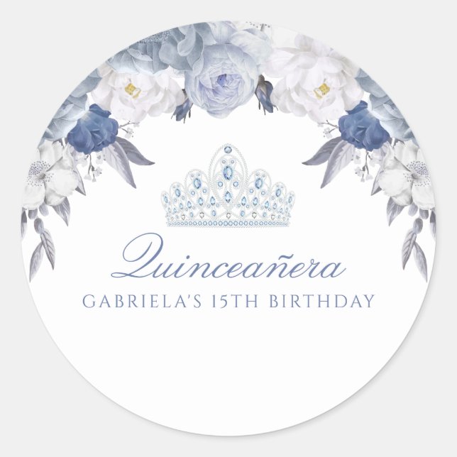 Blue and White Floral Quinceanera Classic Round Sticker (Front)